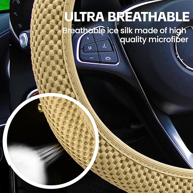 Elastic Stretch Car Steering Wheel Cover, Comfortable Steering Wheel Cover Universal for 14.5-15 Inch, Warm in Winter & Cool in Summer, Anti-Slip Breathable Ice Silk (Beige)