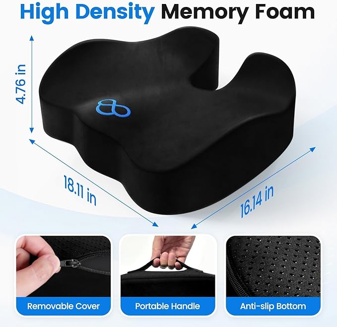 Seat Cushion, Memory Foam Chair Cushions for Tailbone/Sciatica Easing, Chair Pillow with Handles for Car, Office Chair Cushion with Non-Slip Design, Ideal for Post-Surgery Recovery(Black)