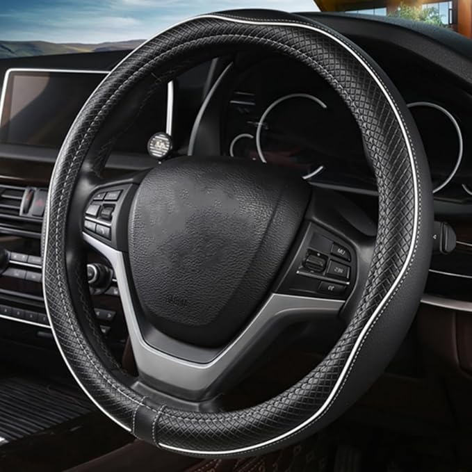 LABBYWAY Microfiber Leather Steering Wheel Cover, Universal 14.5-15 Inch Steering Wheel Anti Slip Car Interior Accessories for Men Women (Black with White Line)