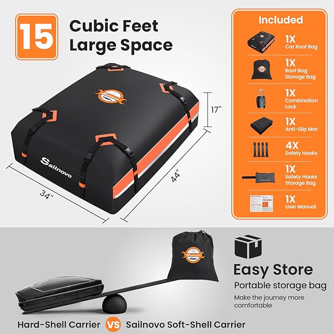 Sailnovo Car Rooftop Cargo Carrier 15 Cubic Feet, Waterproof 1000D PVC Car Roof Bag with Anti-Slip Mat, Combination Lock, Storage Bag, Door Hooks & Tie-Down Strap fit Vehicle with/Without Luggage Rack