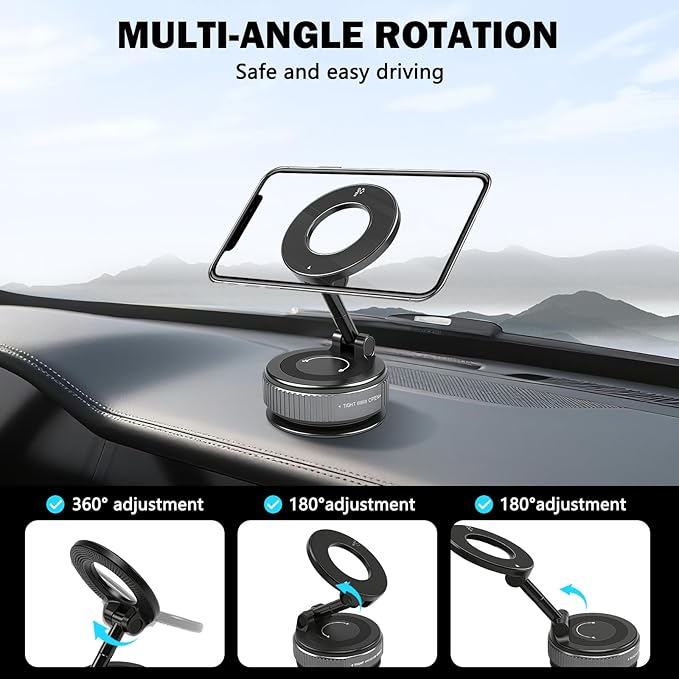 Vacuum Magnetic Phone Holder with Sticky Gel Base, 360° Foldable Suction Cup Phone Mount for Textured Dashboard Windshield, Strong Magnetic Car Mount for iPhone MagSafe & Android Phones(Black)