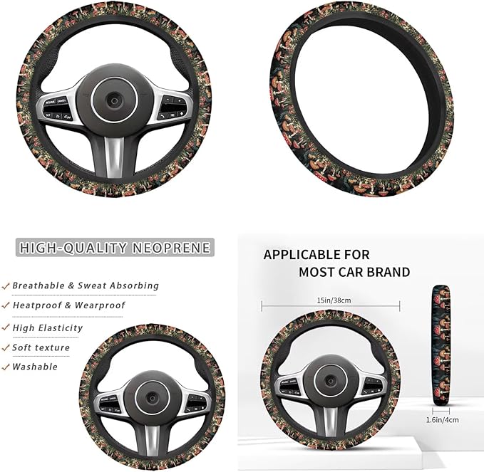 Forest Mushroom Print Car Elastic Steering Wheel Protector for Men Women Auto Interior Accessories Armrest Cover Handbrake Coer Fit for Trucks Vans Suvs