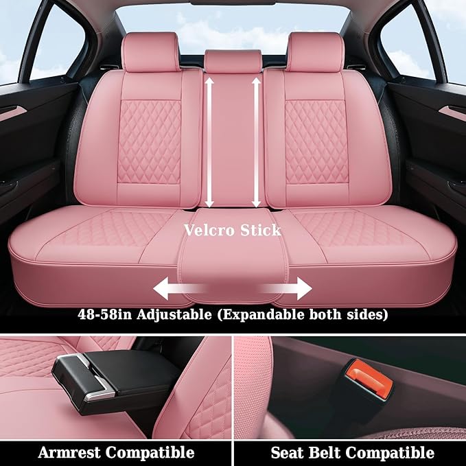 Coverado Car Seat Covers Full Set, Automotive Front and Rear Seat Covers with Backrest, Nappa Leather Car Seat Protectors Waterproof, Universal for Most Vehicles, Pink