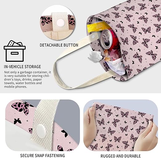 Cute Car Trash Can, Hanging Canvas Car Back Seat Organizer and Storage Bag, Funny Car Trash Bag For Travelling, Outdoor Cute Purple Butterfly leopard