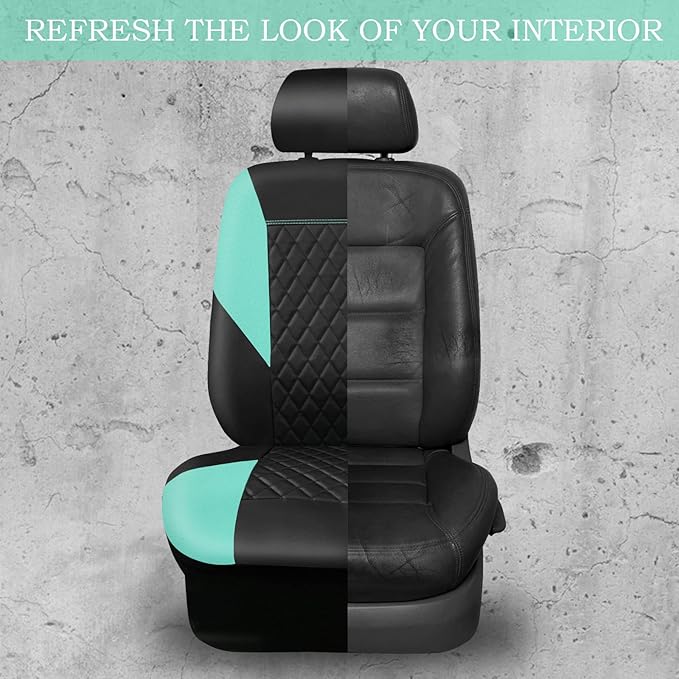 CAR PASS Mint Leather Seat Covers Full Set-Universal Quilting Cute Girly Car Seat Cover with 5mm Composite Sponge Inside,Airbag Compatible,2zipper Bench for Most Sedan,SUV,Truck(Full Set,Mint)