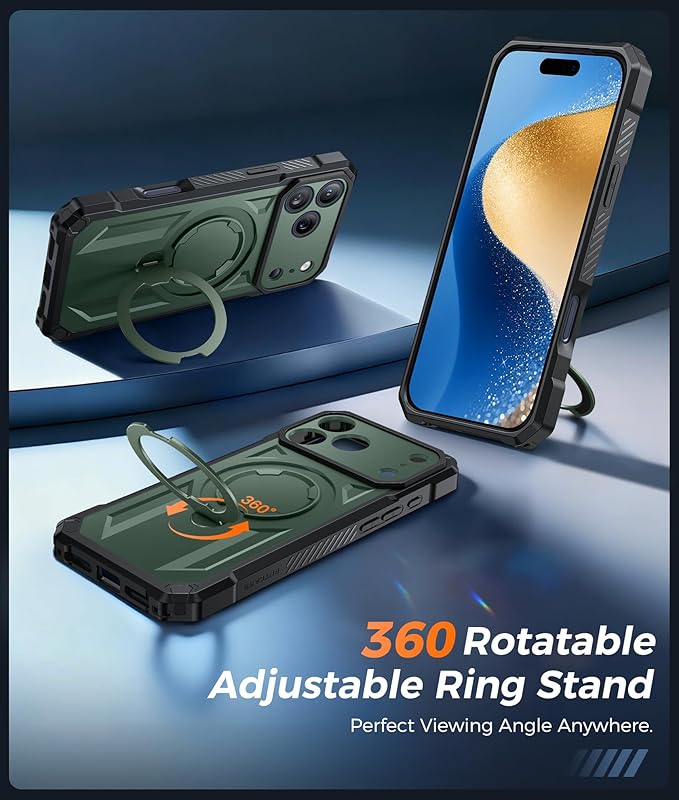 FNTCASE for iPhone 17 Pro Case: [360 Spin Magnetic Ring Kickstand] [Compatible for MagSafe] [Screen Protector] Heavy Duty Military Grade Protection Protective Phone Case with Stand Green