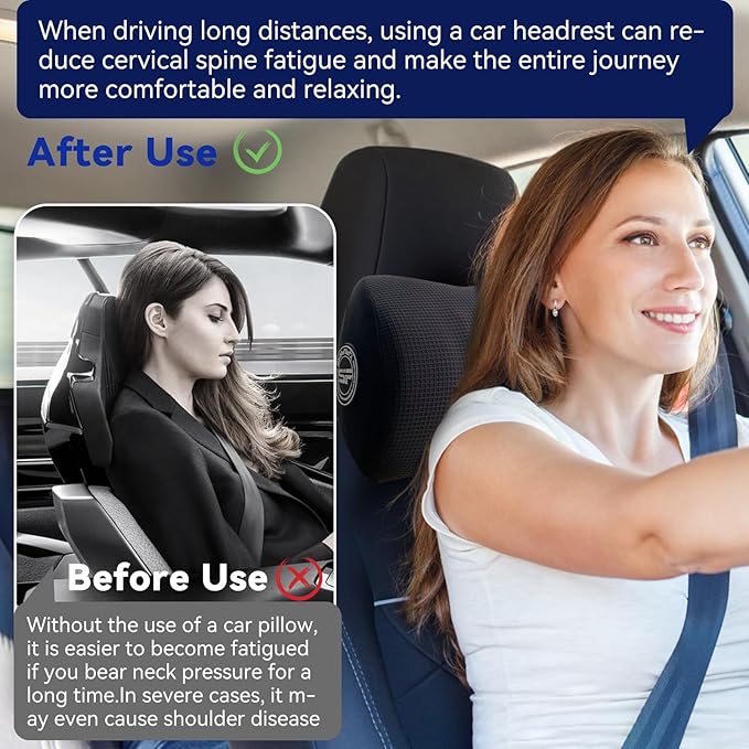 Super Useful Car Headrest Pillow, Car Pillow for Driving with Adjustable Strap, 100% Memory Foam Neck Pillow, Ergonomic Design - Car Neck Pillow(Black, 2 Pack)