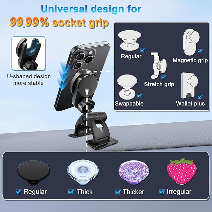 Car Phone Holder for Pop Socket, Dashboard Socket Grip Car Mount Dual Adhesive Base for Any Surfaces, Dash Sockets Phone Mount for Car, Works for iPhone Samsung All Smartphones with Pop Grip
