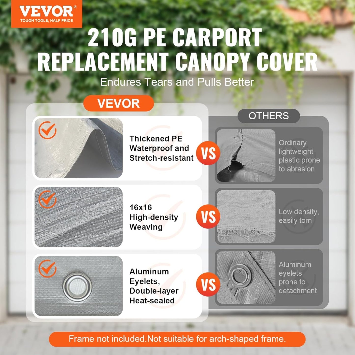 VEVOR Carport Replacement Canopy Cover 10 x 20 ft, Garage Top Tent Shelter Tarp Heavy-Duty Waterproof & UV Protected, Easy Installation with Ball Bungees,Grey (Only Top Cover, Frame Not Include)