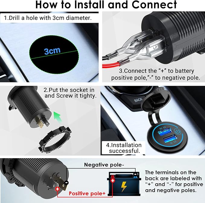 Pack of 2 x 36W Quick Charge 3.0 USB Car Charger Socket, 12V/24V Dual USB Quick Charge 3.0 Car Cigarette Lighter Adapter with Touch Switch for Motorcycle, Boat, Truck, Caravan