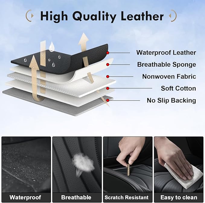 Coverado Car Seat Covers, 5 Seats Black Seat Covers for Car, Luxury Faux Leather Seat Cover, Front and Back Seat Cover, Waterproof Car Seat Protector, Universal Car Seat Cushions Fit for Most Vehicles