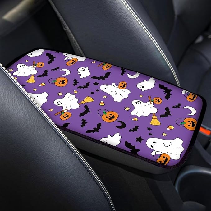 Ghost Bat Pumpkins Console Center Armrest Lid Cover Protector Car Armrest Storage Box Mat Interior Accessories for Most Vehicle, SUV