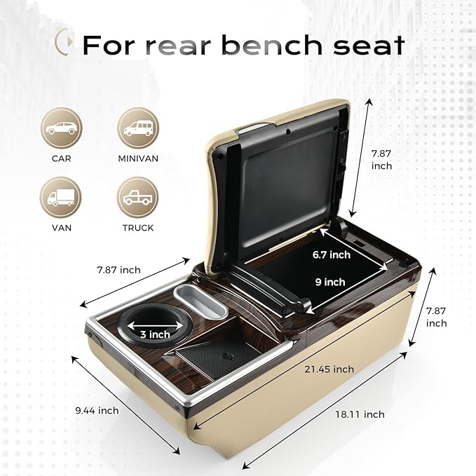 Coverado Center Console, Universal Bench Seat Center Console, Truck Back Seat Car Organizer with Cup Holder, Rear Central Car Armrest Box with Storage, Beige