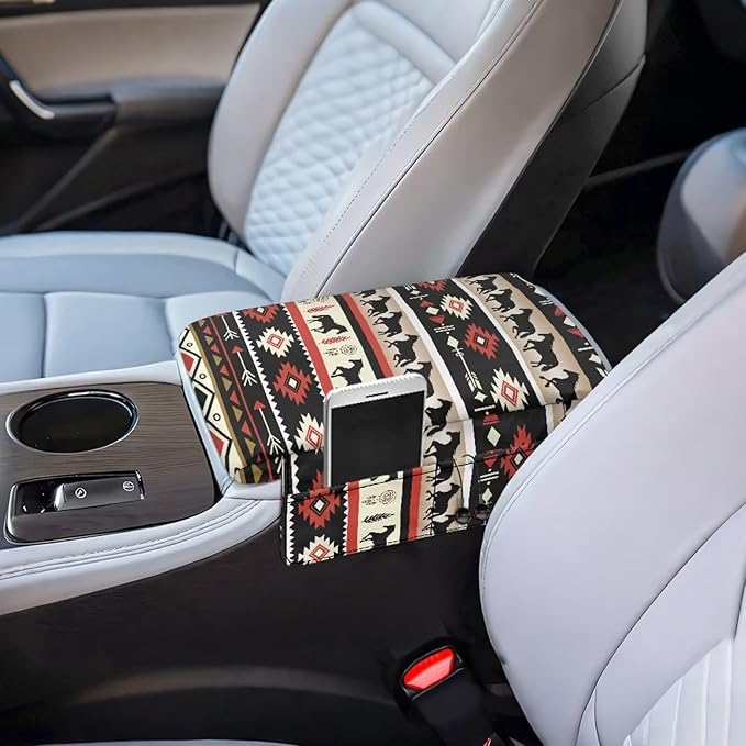 Dreaweet Aztec Horse Car Center Console Cover with Pockets Soft Thick Car Armrest Cushion Non Slip Scratch Proof Car Arm Rest Cover Pad Universal for Most Vehicles