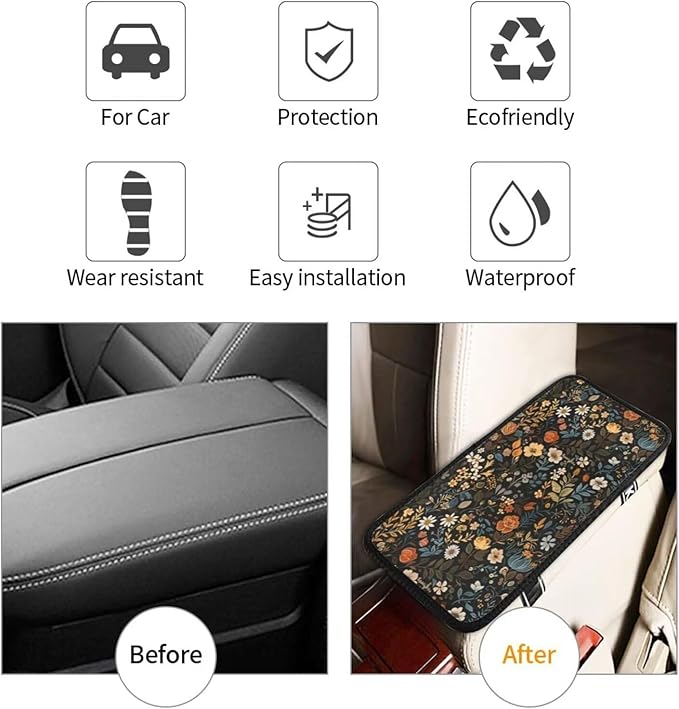 Universal Car Center Console Cover Vintage Floral Leaf Armrest Protector Floral Flower Cute Non-Slip Auto Arm Rest Cushion for SUV Truck Vehicle Vans Sedans