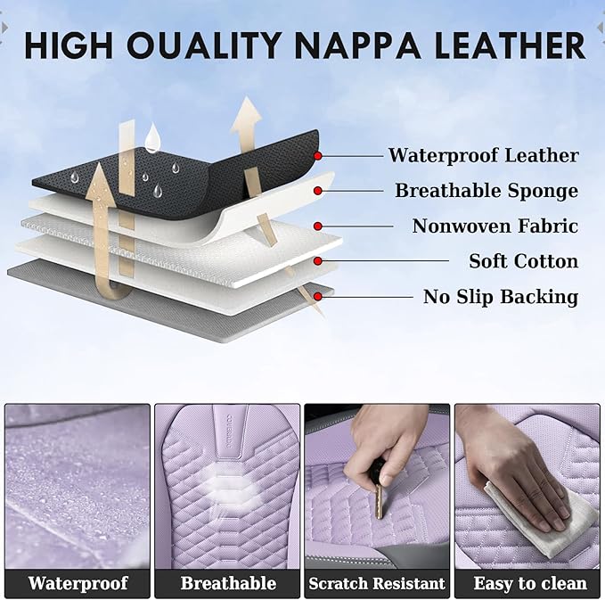 Coverado Seat Covers Full Set, Waterproof Nappa Leather Seat Covers for Cars, 5 Seats Universal Car Seat Protectors, Gray and Purple Car Seat Covers Car Seat Cushions Fit for Most Cars (Gray&Purple)