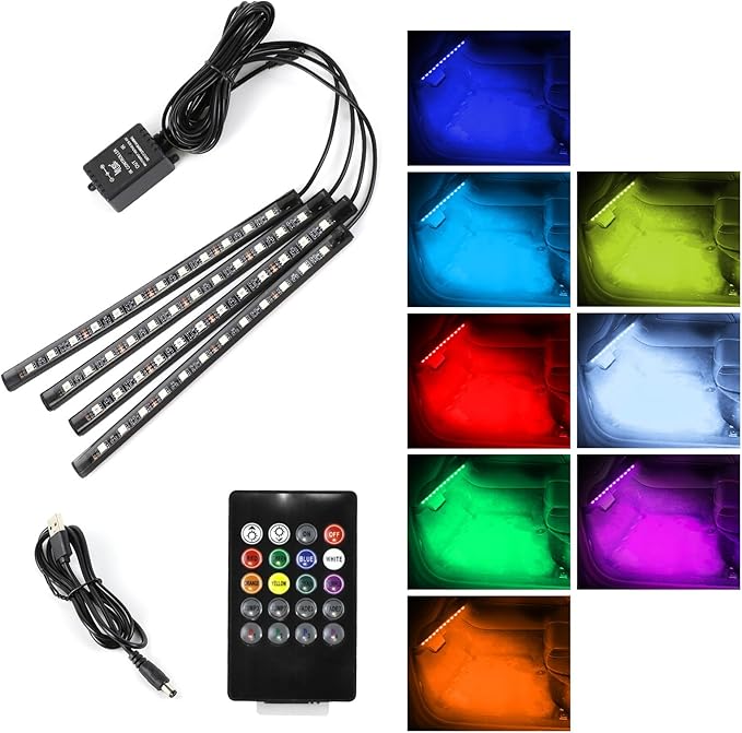 Wuyaoyao Car LED Interior Light, 48 LED Lights Multicolor Music Car Strip Light, Car Strip Light with Sound Active Function and Remote Control, Under Dash Lighting Kit (USB+Remote)