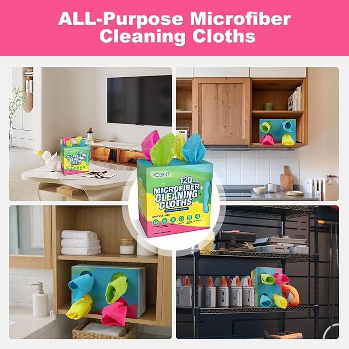 UNIMADE Microfiber Cleaning Cloth, 120 Pack Reusable Paper Towels Microfiber Towels for Cars Lint Free Washable Tissues Shop Rags with Dispenser Box for Home Kitchen Automotive, 11"x 9", Multicolor