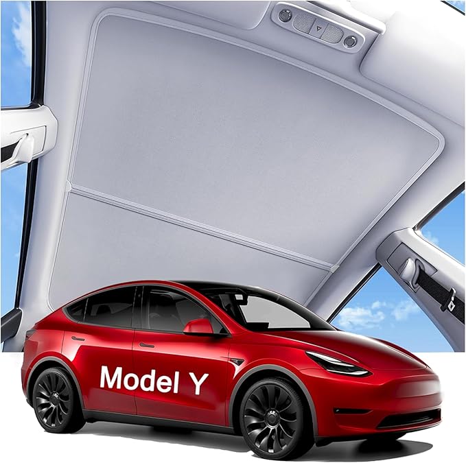 2026 Upgraded Tesla Model Y Sunshade Roof, UPF200+ Roof Sunshade with Storage Bag, No-Sag & No-Gaps Heat Insulation Foldable Glass Roof Sun Shade, Tesla Model Y Accessories MY20-24 Gray