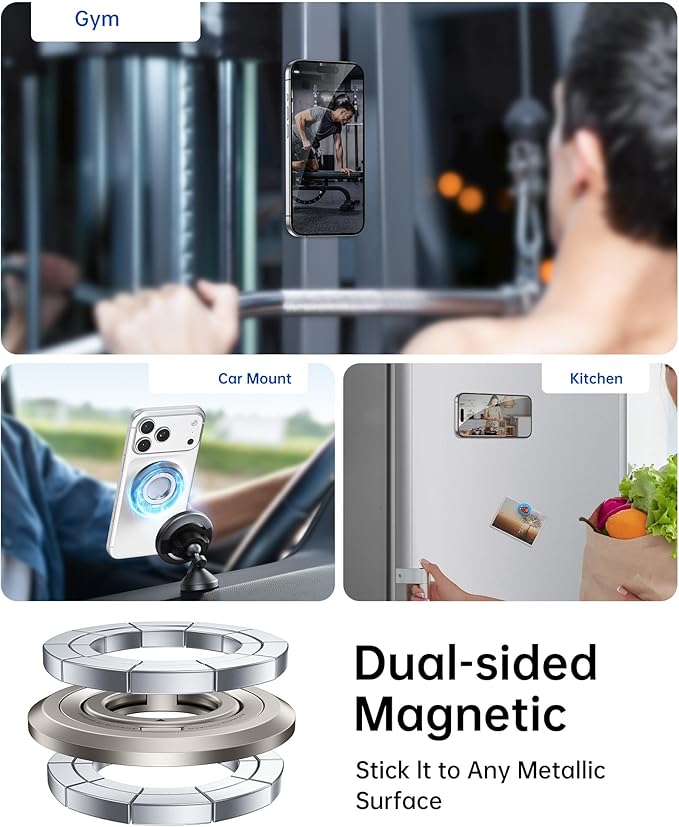 SYNCWIRE for MagSafe Ring Phone Holder, 360° Rotation Magnetic Cell Phone Grip Dual-Sided Magnets Phone Ring Kickstand Compatible with iPhone 17 16 15 14 13 12 Pro Max MagSafe, Android, Samsung etc.