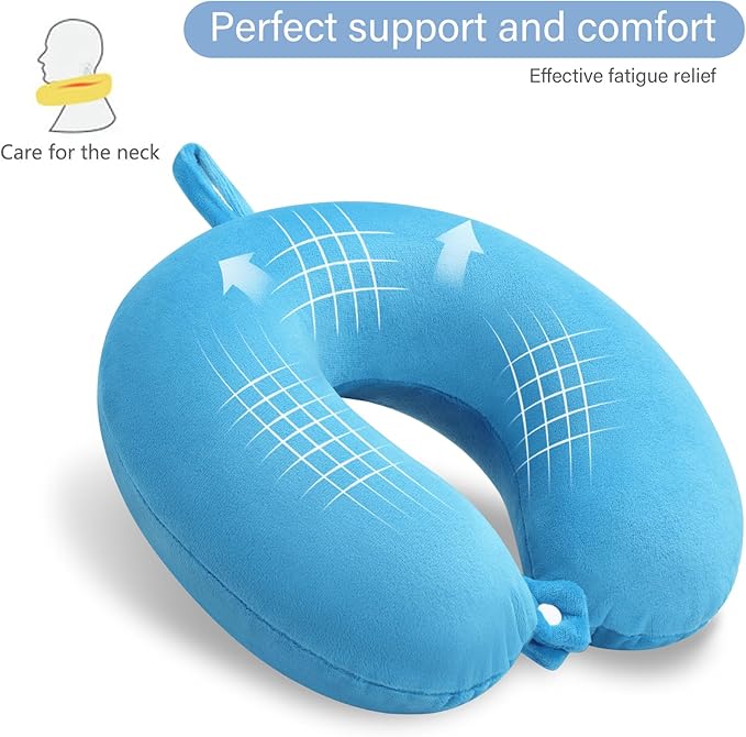Neck Pillow for Travel Comfortable Travel Pillows U Shape Memory Foam Airplane Pillow Support Neck and Head Portable Neck Pillows Suitable for Airplane, Trains, Self-Driving Cars, Lake Blue Color