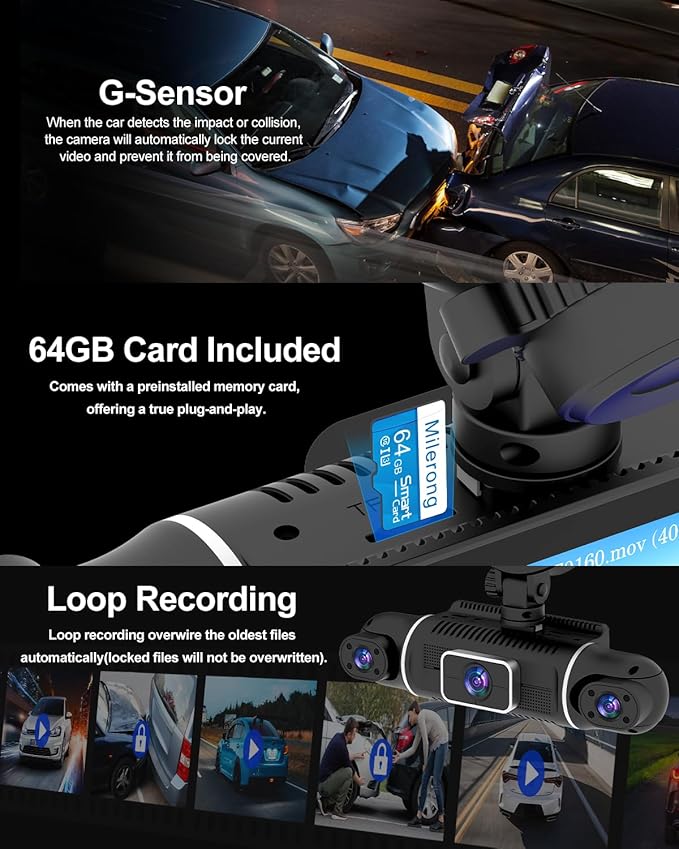 4 Channel Dash Cam Front and Rear Inside Left Right, 360° Dash Camera with 5GHz WiFi & App Control, 24H Parking Monitor, Super Night Vision, G-Sensor, Loop Recording, 64GB SD Card Included