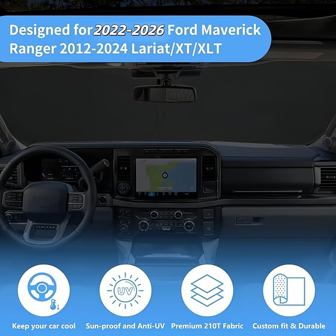 Windshield Sun Shade Fit 2026 2025 2024 2023 2022 Ford Maverick Hybrid, XL, XLT, Lariat Foldable Front Window Sunshade Accessories Truck Pickup Sun Visor UV Protector Heat Shield Window Cover