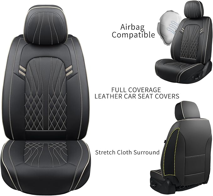 Seat Covers for Cars, Waterproof Seat Covers, Leather Car Seat Covers 2 Pack, Universal Seat Cushion Protector for Most Cars Black&Beige Line