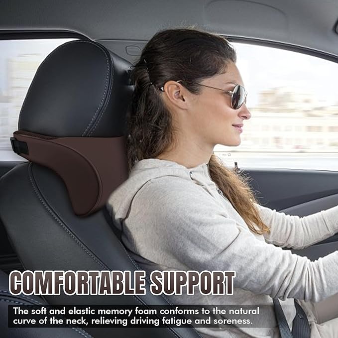 Car Neck Pillow with Memory Foam, Soft Comfortable Headrest Pillow for Driving, Ergonomic Design, Auto Seat Neck Support Pillows Head Rest Cushion with Breathable Leather Cover (Coffee)