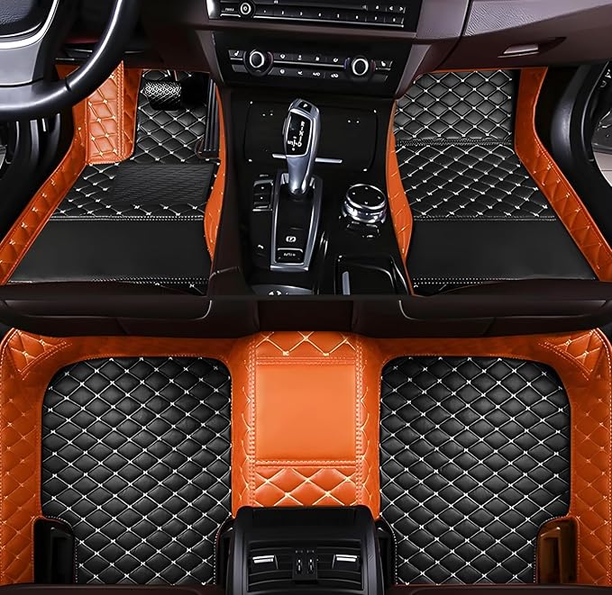 Customize Car Floor Mats for 99% Sedan SUV Sports Car All Weather Leather Full Coverage Waterproof Non-Slip Vehicle Lining Pads (Black Orange Stitching)