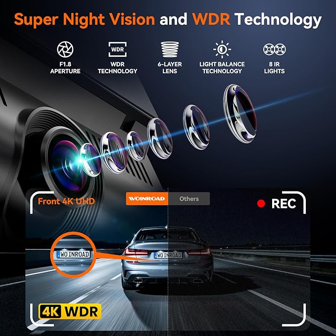 4K+3x1080P 4 Channel Dash Cam, 360° All-Around View Dash Camera for Cars, Free 128GB Card Included, Built-in GPS, 2.4GHz Wi-Fi & App, 8 IR Night Vision, G-Sensor, 24H Parking Mode(Supports 256GB Max)