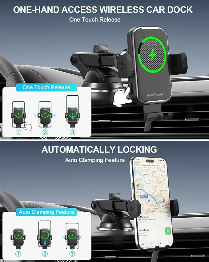 Wireless Car Charger,15W Fast Charging Auto Clamping Phone Holders for Your Car Compatible with iPhone 16/15/14/13, for Samsung Galaxy S24 Ultra S23 S22 S21, S20, S10+