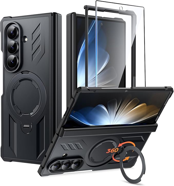 FNTCASE for Samsung Galaxy Z-Fold-7 Case: [360 Spin Magnetic Ring Kickstand] [Compatible for MagSafe] [Screen Protector] Heavy Duty Mil-Grade Protection Samsung Galaxy Z Fold7 Case with Stand Black