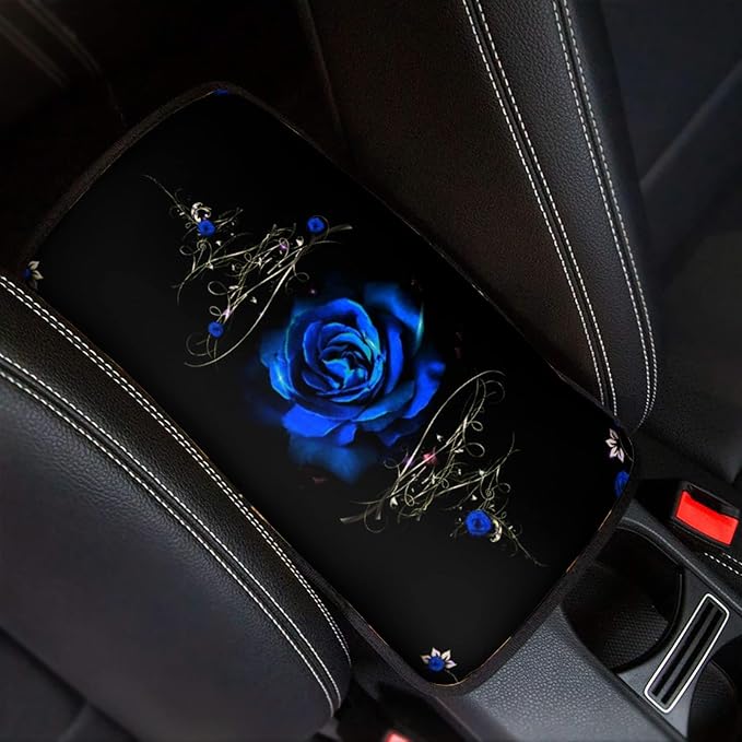 JEOCODY Blue Vintage Rose Automotive car Accessories Armrests Cushion, Car Seat Center Console Armrest Cushions Pads Decorative Accessory Universal Fit Most Vehicle