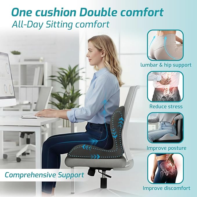 Ergonomic Seat Cushion,Office Chair Cushion with Lumbar Support Pillow,Car Orthopedic Seat Cushions,Designed for Sciatica,Tailbone,Back Pain Relief,for Office,Car,Truck,Home,Desk Chair