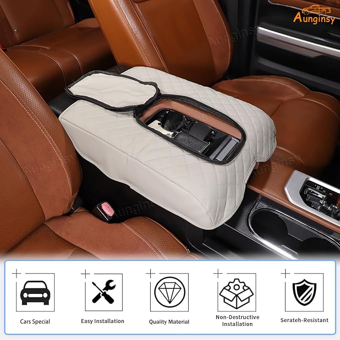 Aunginsy Leather Center Console Armrest Cover Compatible with Toyota Tundra 2014-2021, Car Middle Console Cushion Lid Pad Waterproof Protector, Armrest Seat Box Cover with Storage Bag Accessories