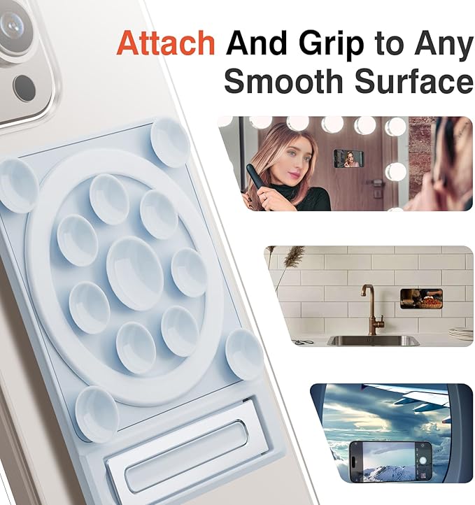 SEMBO Silicone Suction Phone Case Adhesive Sticky Grip Stand with Mag-Back for MagSafe Car/Wall Mounts, Strong Magnetic Holder for Fridge, Gym Equipment, Shower, Hands-Free Selfie (Blue, Adhesive)
