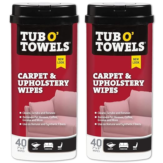 Tub O' Towels Carpet, Rug, and Upholstery Cleaning Wipes - Extra Strength Stain Remover, Odor-Fighting Power, Safe on Natural & Synthetic Fibers, 40-7” x 8” Wipes Per Tub, 2-Pack, Light Citrus Scent