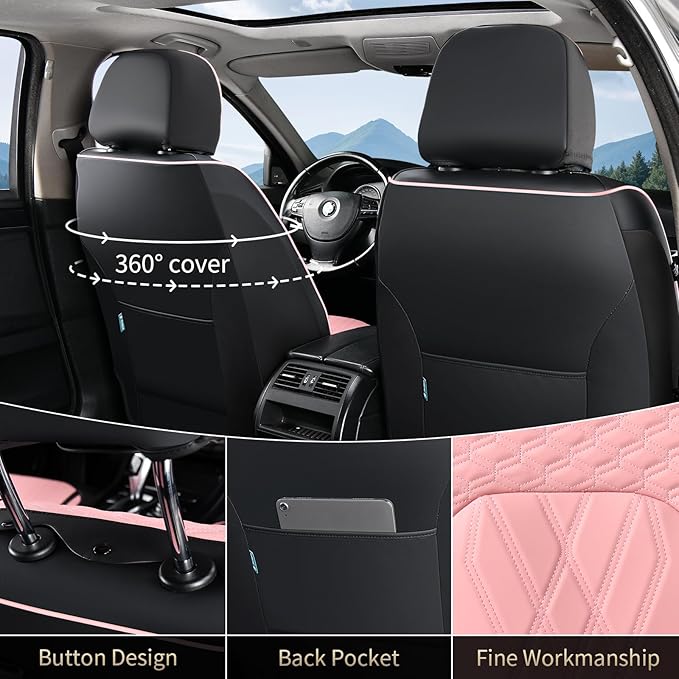 FLORICH Automotive Seat Covers Leather Pink Seat Covers for Cars Front Seats Waterproof Car Seat Cushion Interior Covers Protector Vehicle Seat Cover Universal Fit for Most Car Truck SUV, Black&Pink