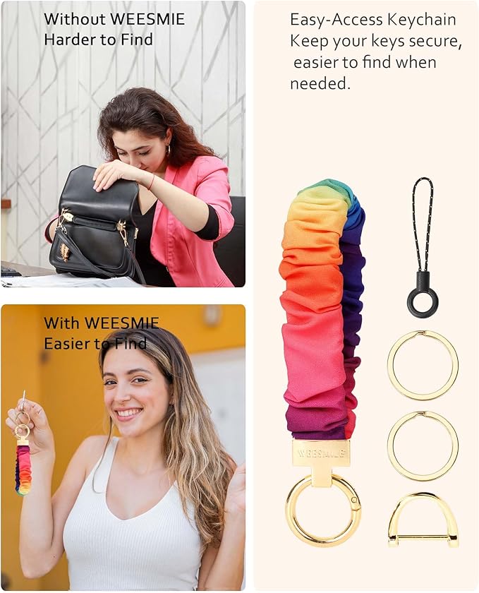 WEESMILE Keychain Wristlet, Stretchy Key Chain for Car Keys with D ring, Cute Scrunchie Wrist Bracelet for Women Men