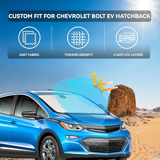 for Chevrolet Bolt EV Hatchback 2017-2026 Windshield Sun Shade - 4 Layers Car Sunshades for Front Windows Shade Cover Custom Fit Bolt EV Hatchback Sun Visor 250T Shade Blocks UV Rays Car Accessories