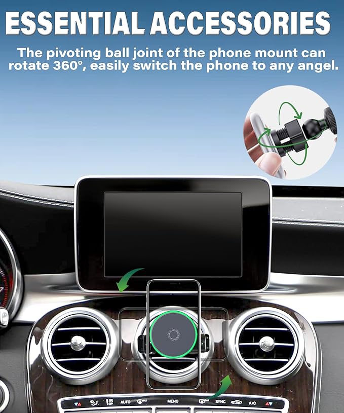 Car Phone Holder for Mercedes Benz C-Class E-Class S-Class B-Class A-Class GLC/GLE/GLS/GLB/GLA-Class 2016-2025 Accessories 15W Fast Wireless Charger Cell Phone Mount 360° Rotation