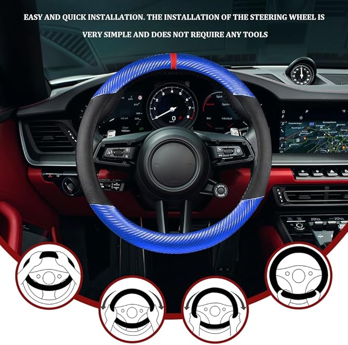 Car Steering Wheel Cover, Steering Wheel Accessories, 15 Inch Microfiber Leather Carbon Fiber Soft Anti-Slip Breathable, Car Accessories Elastic Non-Slip Cover for Most Vehicles (Blue)