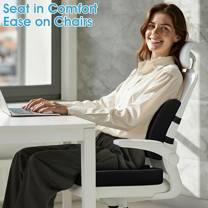 Seat Cushion, Lumbar Support Pillow with Adjustable Strap-Chair Cushions for Sciatica Pain Relief-with Washable Cover for Car, Travel and Wheelchair, Black, X-Large