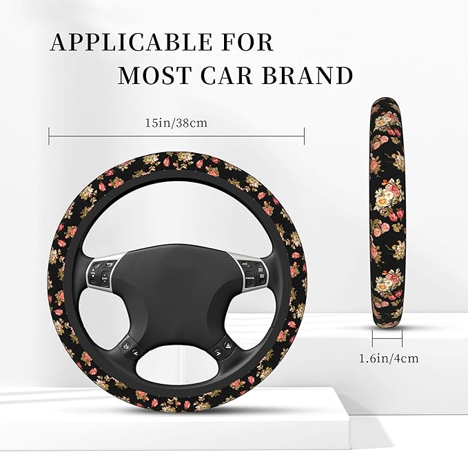 Watercolor Pink Hisbicus Steering Wheel Cover, Elastic Non-Slip Steering Wheel Protector,Auto Interior Decor for Women Girls,Universal 15" Fit for Sedans,Trucks