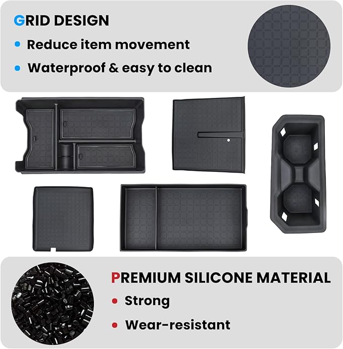 5PCS Center Console Organizer Tray and Wireless Charging Mat Compatible with 2026 Toyota RAV4 Armrest Bottom Tray Cup Holder Center Console Silicone Pad Interior Accessories(Not for Limited)