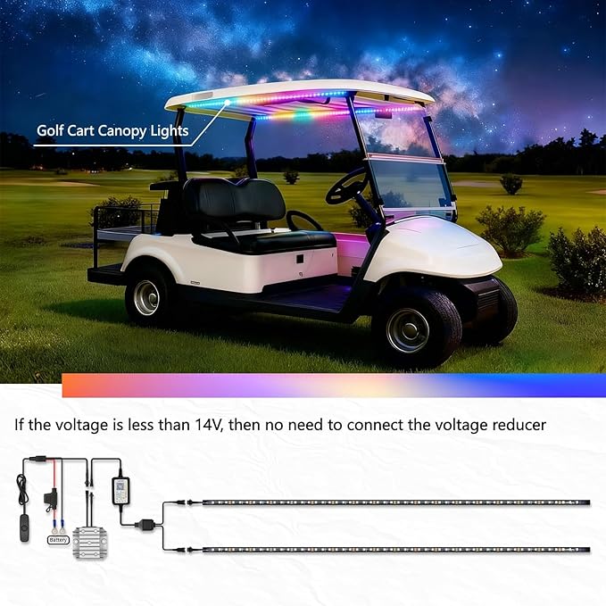2 Pcs RGB+IC Golf Cart Canopy Lights Strip, 12V-80V Dream Color Chasing Golf Cart Roof Light with Remote and APP Control, Voltage Reducer Included, Music Sync for EZGO Yamaha Club Car