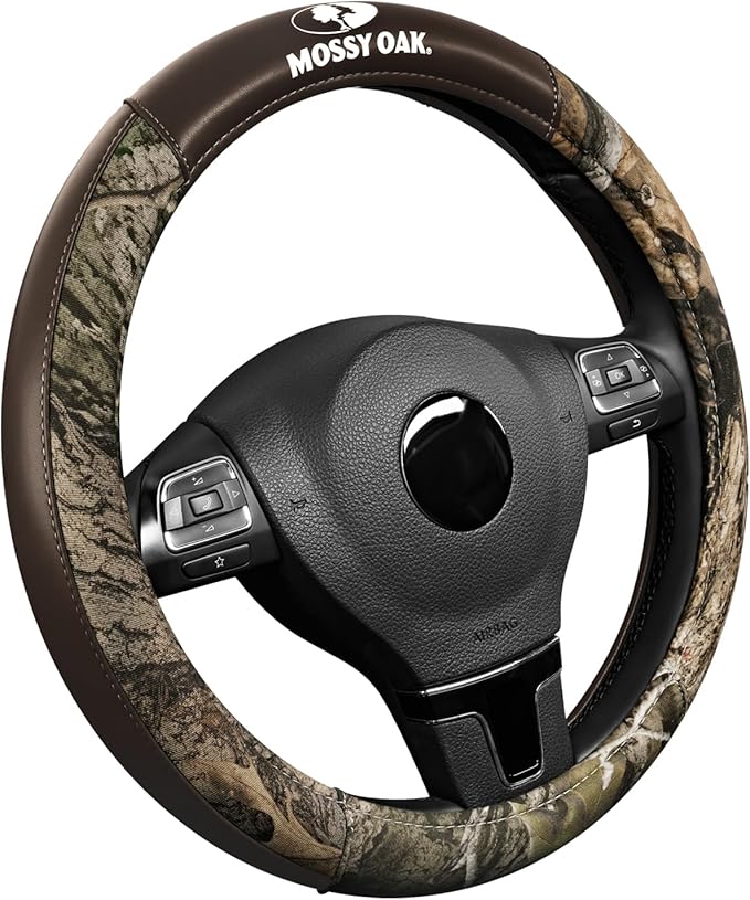 Mossy Oak Camo Steering Wheel Cover, Durable Grip Car Steering Cover, Universal Fit 14.5"–15.5" - Made with Premium Brown PVC Leather and Cotton Fabric, Anti-Slip - Official Licensed Product