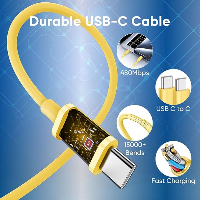 iPhone 16 15 Charger Fast Charging, 30W USB C Charger Block 10FT Cable for iPhone 15 16 Plus Pro Max/iPad Pro/AirPods, PD USBC Power Adapter Wall Plug with Extra Long Type C to C Cord (Yellow, 10FT)