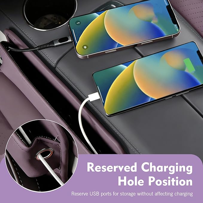 Leather Car Seat Gap Filler, Waterproof Anti-Slip Side Storage Pouch for Phones Keys Glasses Cards, Universal for Most Cars, SUVs, Trucks (Purple)